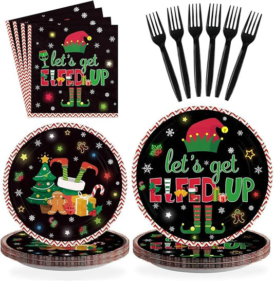 Greencian 96Pcs Winter Let's Get Elfed Up Party Decorations Santa Elf Paper Plates and Napkins Merry Christmas Disposable Tableware for Xmas Elf Party Decorations Supplies Serve 24