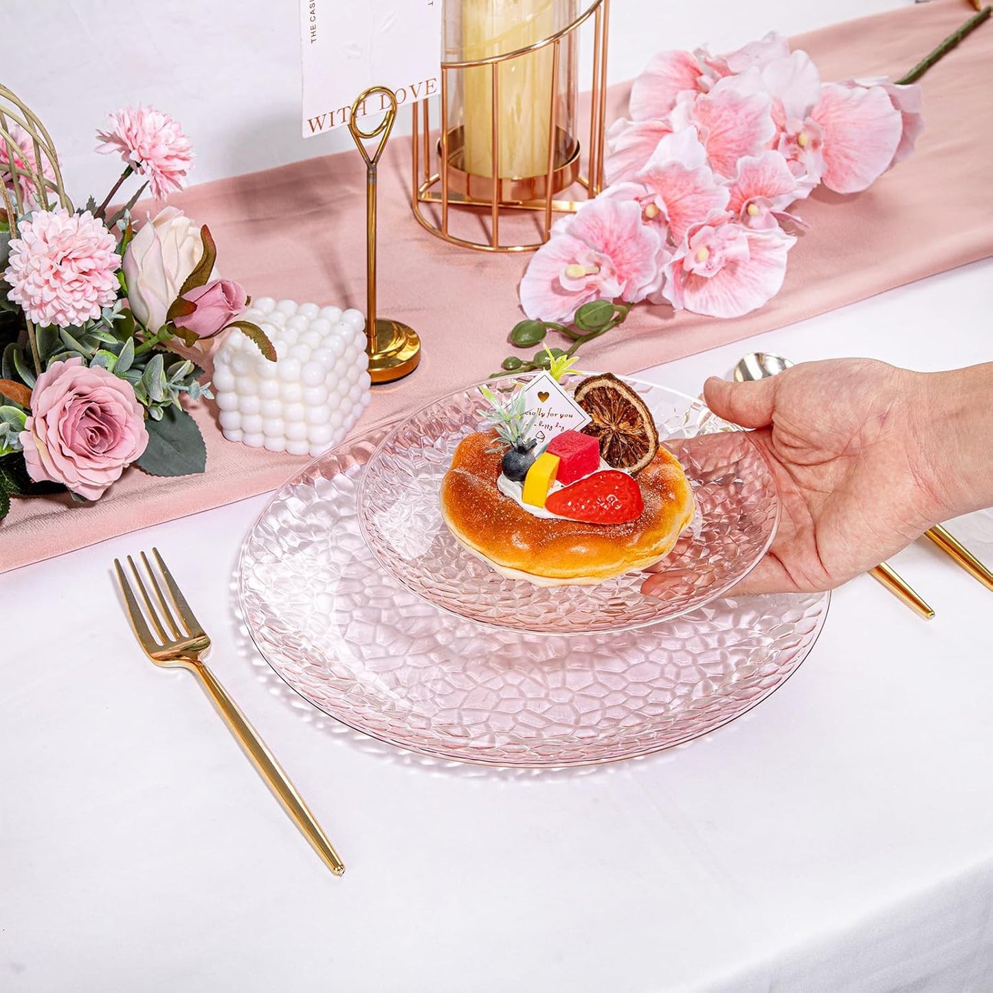 Rubtlamp 60PCS Pink Plastic Plates, Disposable Pink Plates with Hammered Design, Heavy Duty Plastic Platos Fancy Party Platos Include 30 Dessert Plate & 30 Dinner Plate for Bridal Wedding