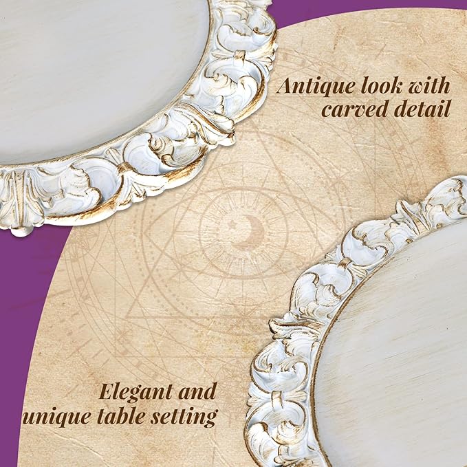 Gifturbo Antique White Charger Plates, 13" Round Chargers for Dinner Plates, Plastic Floral Plate Chargers with Embossed Rims for Wedding,Table Setting,Decoration,Set of 6