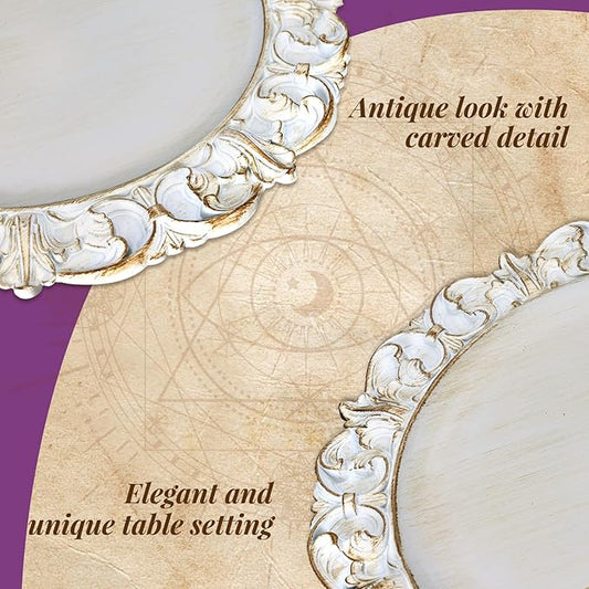 Gifturbo Antique White Charger Plates, 13" Round Chargers for Dinner Plates, Plastic Floral Plate Chargers with Embossed Rims for Wedding,Table Setting,Decoration,Set of 6