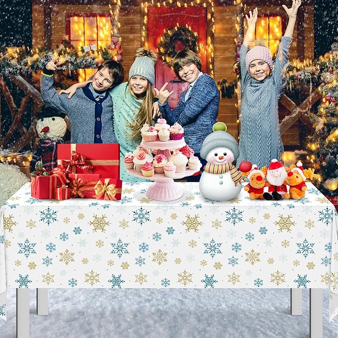 3Pcs Snowflake Plastic Tablecloth Christmas Snowflake Disposable Table Cloth White Blue and Gold Winter Wonderland Table Cover for Winter Holiday Christmas Birthday Party Decorations,54x108 Inch