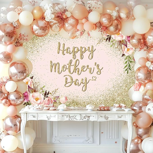 Avezano Glitter Gold Happy Mother's Day Backdrop for Thanks Mother Party Photoshoot Photography Background Blush Pink Golden Glitters Dots Floral Mom's Day Party Decorations Backdrops (10x7ft)