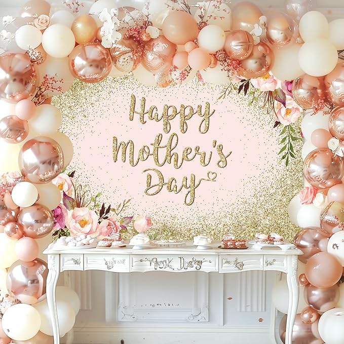 Avezano 7x5ft Happy Mother's Day Backdrop Glitter Gold Pink Floral Happy Mothers Day Party Decorations Banner Mothers Day Photography Background Photo Booth Props (7x5ft)