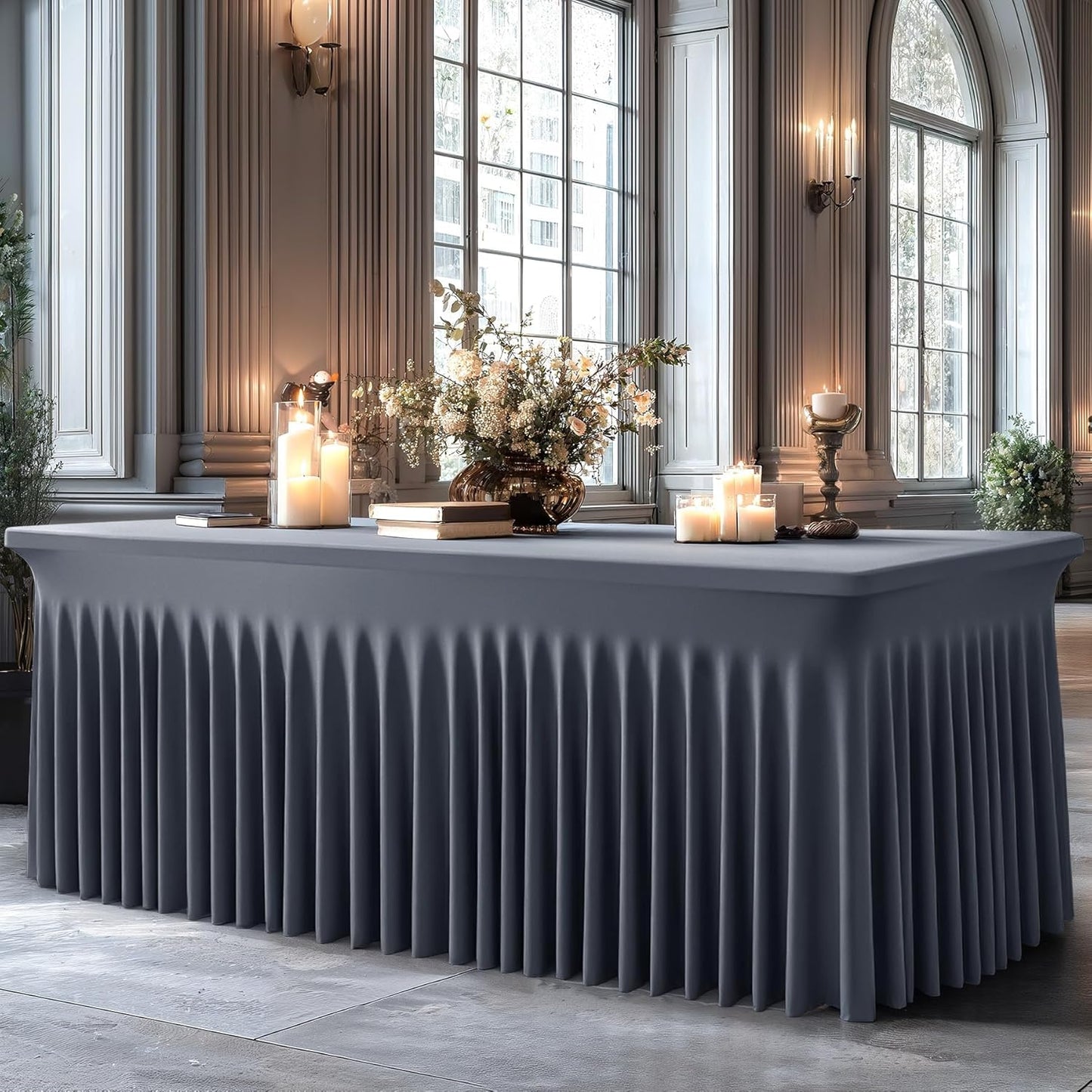 6 Packs Grey Spandex Tableclothes for 8 Foot Rectangle Table, Spandex Table Covers 8FT Stretch Table Skirts Rectangle Wrinkle Free Fitted Tablecover for Event, Wedding, Banquet & Parties