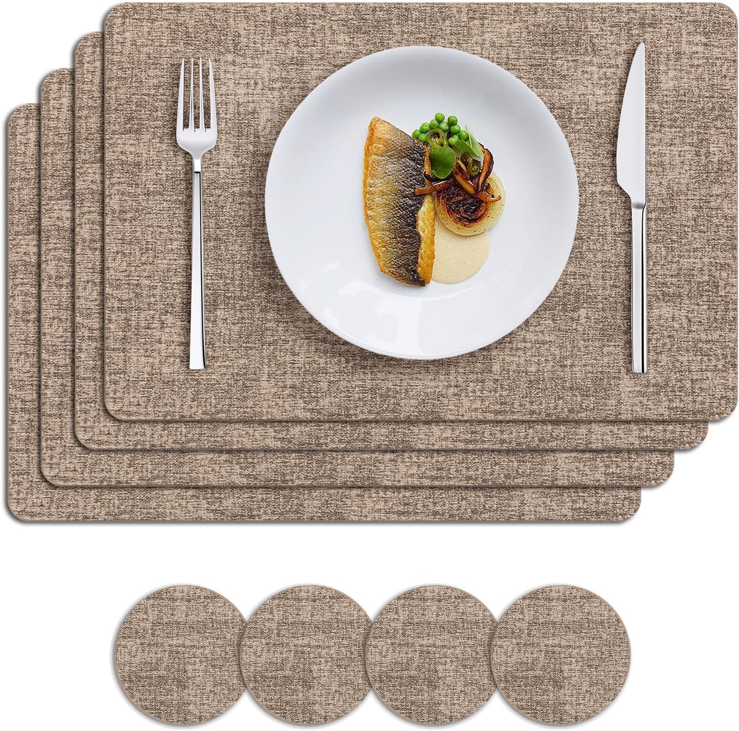 MOSAYT Placemats Set of 4, Heat Resistant Vinyl Place Mats with Coasters, 100% Waterproof Wipeable Washable Faux Leather Table Mats for Kitchen Dining Party Indoor Outdoor, 12" x 18", Khaki
