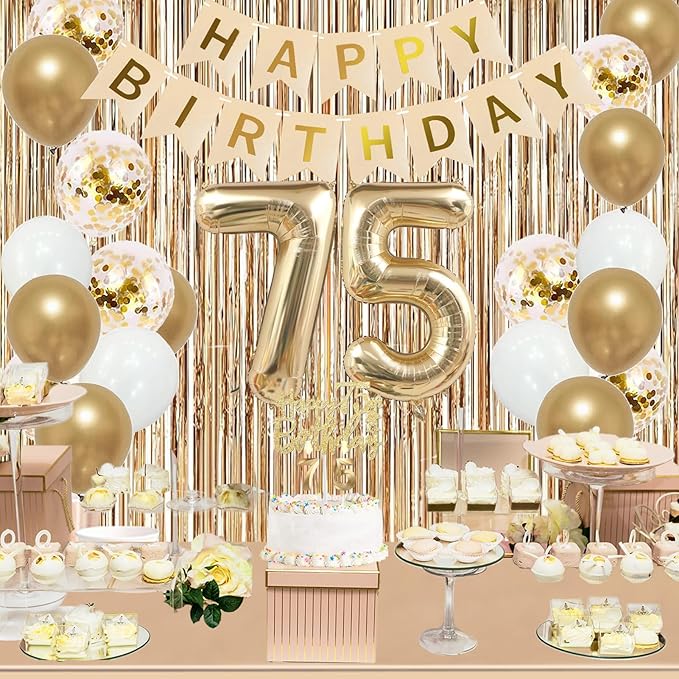 Trgowaul 75th Birthday Decorations for Women, Banner, Sash and Crown, Cake Topper, 75 Number Balloon, Fringe Curtains, Champagne Gold 75th Birthday Party Supplies