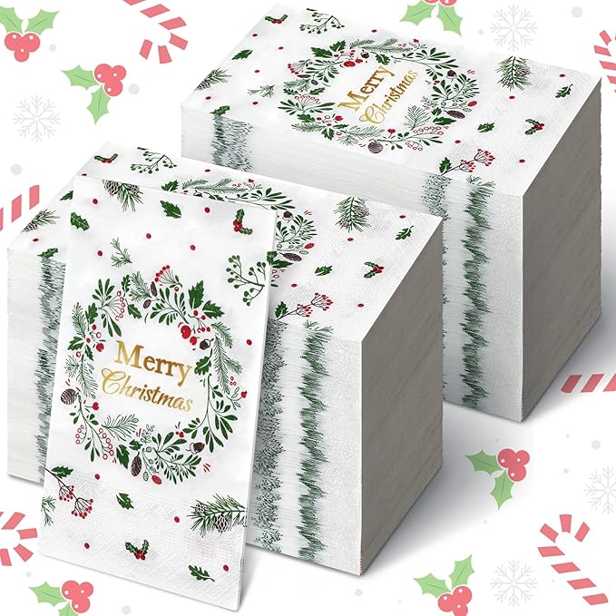 Karenhi 200 Pcs Merry Christmas Guest Napkins Holly Berry Disposable Hand Towel for Bathroom 2 Ply Xmas Decorative Napkin Bathroom Paper Hand Towels Christmas Party Decor for Winter Party Holiday