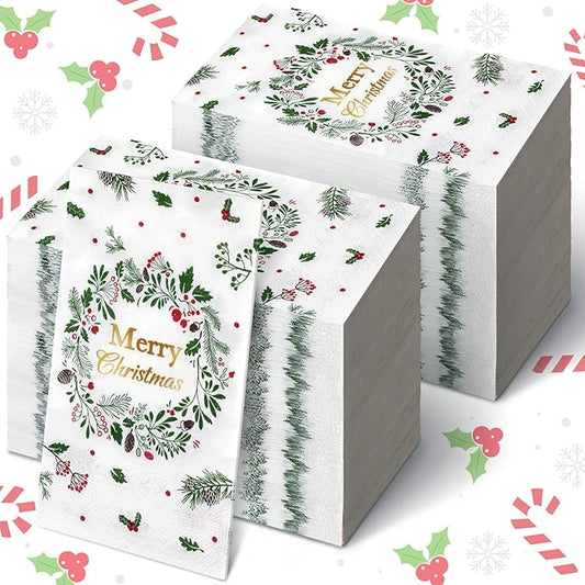 Karenhi 200 Pcs Merry Christmas Guest Napkins Holly Berry Disposable Hand Towel for Bathroom 2 Ply Xmas Decorative Napkin Bathroom Paper Hand Towels Christmas Party Decor for Winter Party Holiday