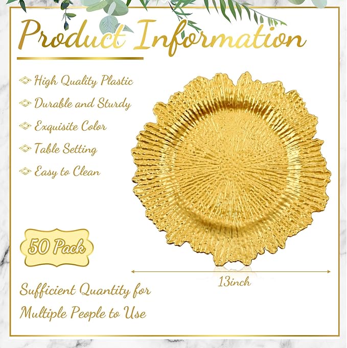 Rtteri 50 Pcs 13 Inch Charger Plates Bulk, Plastic Charger Plates with Floral Reef Design, Round Ruffled Rim Decorative Dinner Tableware for Wedding, Party, Event Table Decor(Gold)