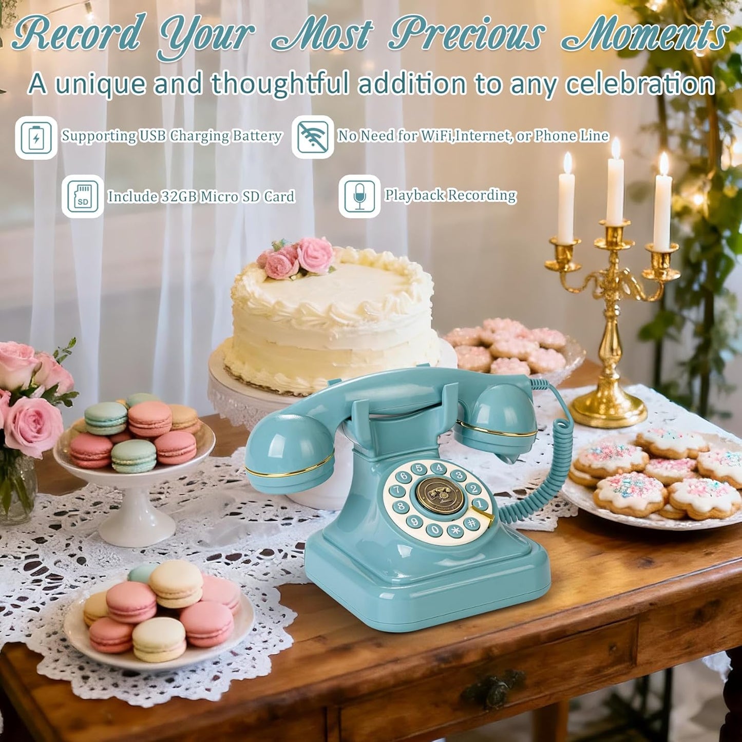 Audio Guest Book Wedding Phone, Retro Audio Phone Guestbook with Clear Voice Recording for Wedding Reception, Bridal Shower, Birthday, Baby Shower, Anniversary, Engagement (Blue)