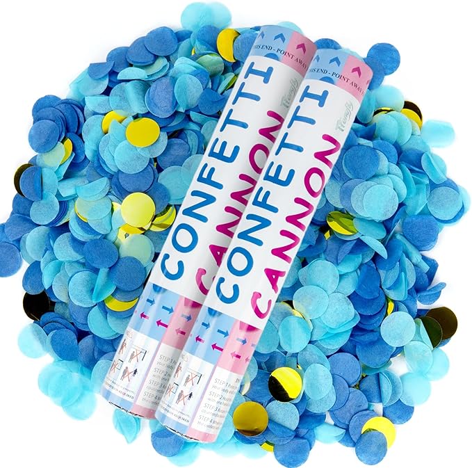2 Pack Gender Reveal Confetti Cannon, 12 in Blue Round shaped Paper Party Poppers Cannons, Confetti Poppers For Baby Boy Girl Gender Reveal Baby Showers (Round, Blue)