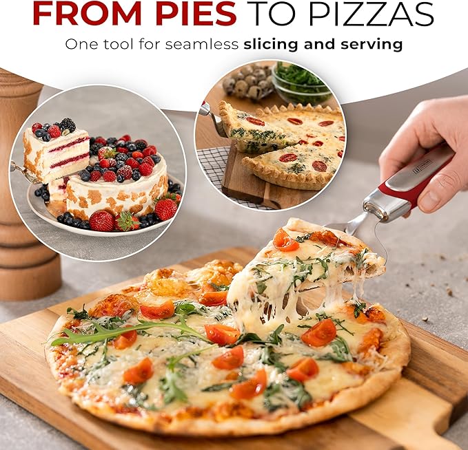 Orblue Pie Server, Essential Kitchen Tool, Serrated on Both Sides, Great for Right or Left Handed Chef, Stainless Steel Flatware, Cake Cutter, Red