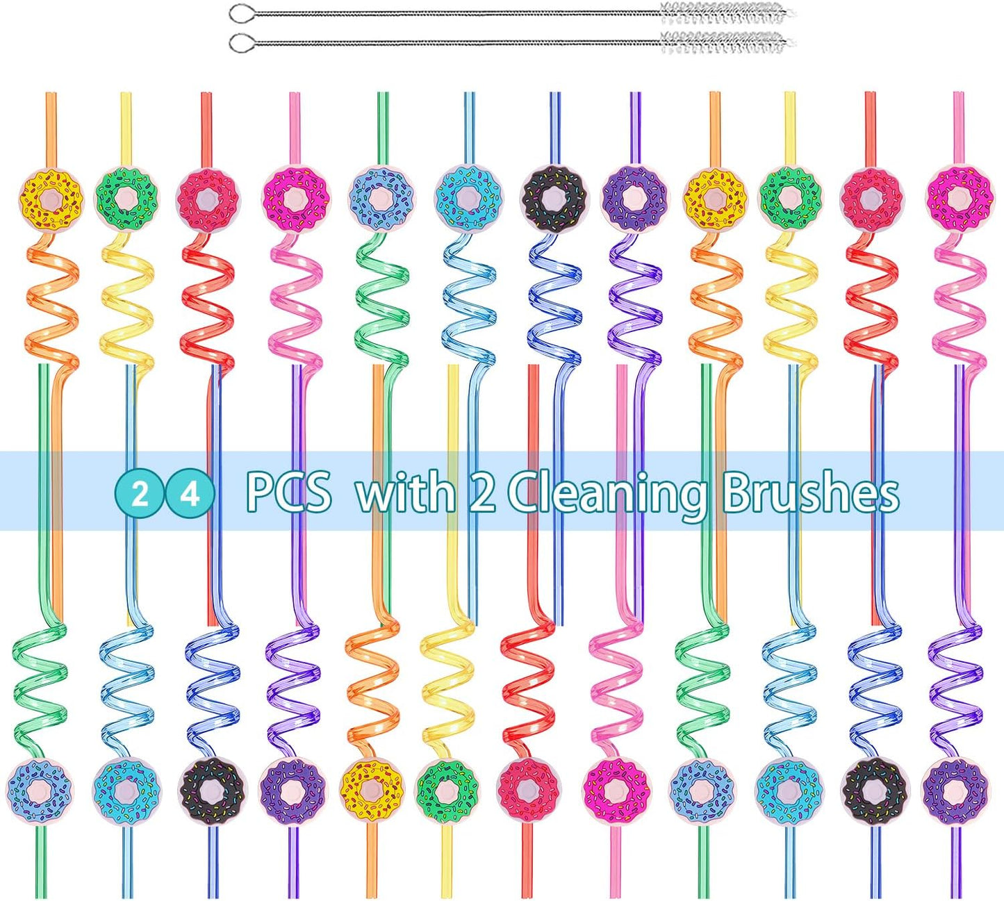 Reusable Donut Straws for Girls Donut Birthday Party Favors, 24 PCS Silly Swirly Drinking Straws for Kids Sweet Birthday Party Decorations Supplies with 2 Cleaning Brush