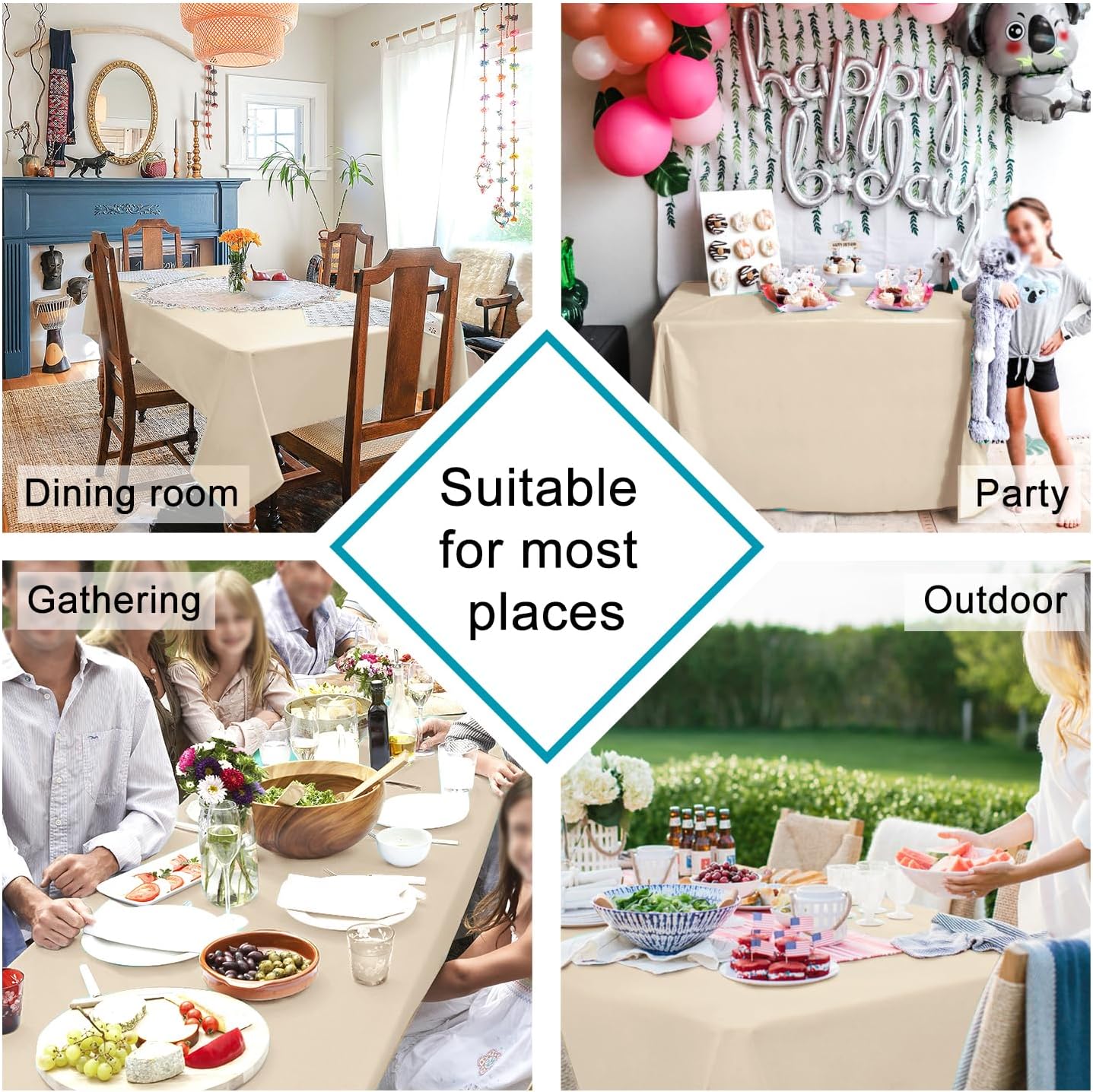 Hiasan Waterproof Tablecloth Rectangle - Washable Fabric Table Cloth for Dining Room Kitchen Birthday Party and Outdoor Use, Beige, 70 x 108 Inch