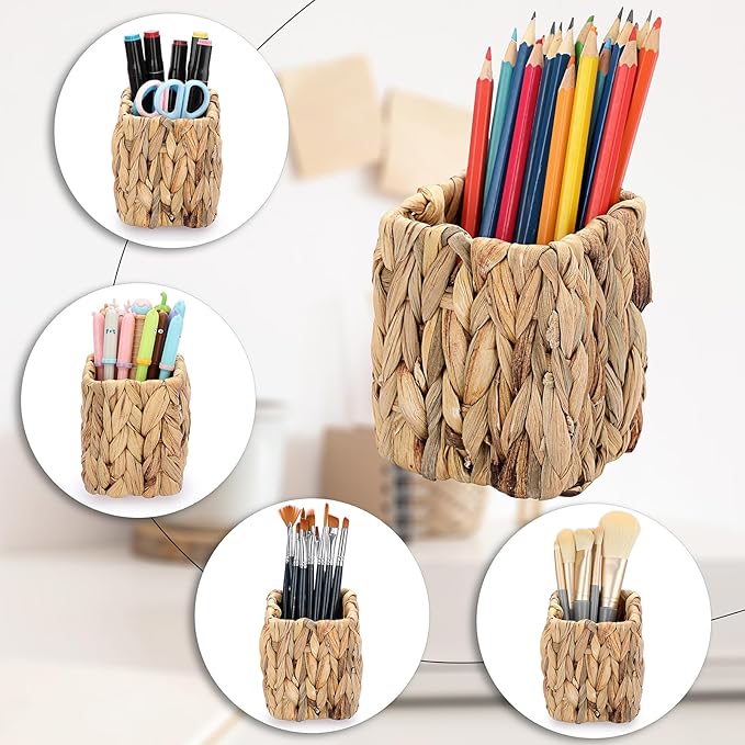 BTSKY 3 Pack Water Hyacinth Pencil Holder, Handmade Wicker Pen Cup Makeup Brushes Holder, Pen Pencil Cup Organizer Chic Woven Desktop Accessories Pens Container Box for Office Home Desktop, Square