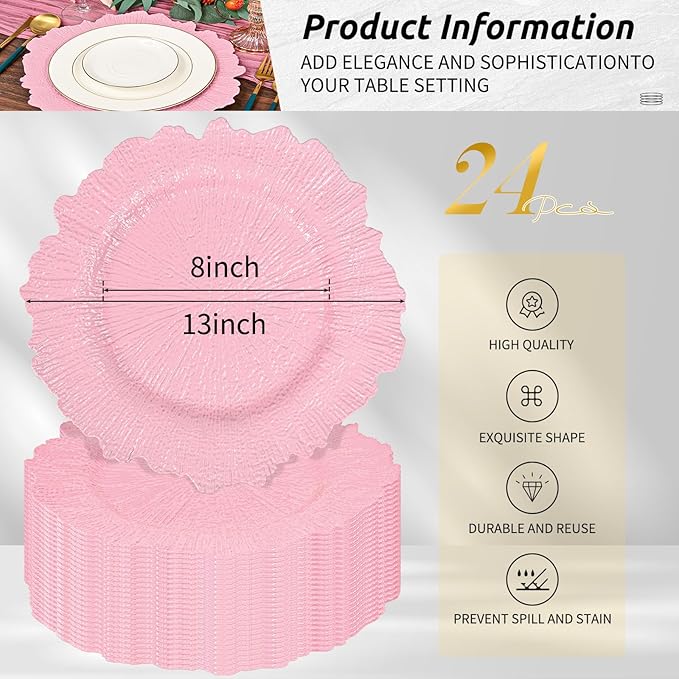 Pesonlook 24Pcs Pink Charger Plates Round 13inch, Reef Plate Chargers for Dinner, Bulk Plastic Floral Table Charger Plates for Dinner Wedding Party Event Table Setting Decoration(Pink)