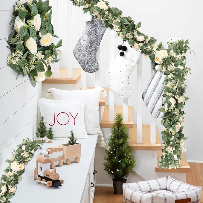 Uguisu 2Pcs Artificial Garland with Roses, 5.9ft Greenery Eucalyptus Garland for Wedding, Party, Mantel, Table, Indoor and Outdoor Decoration. Champagne