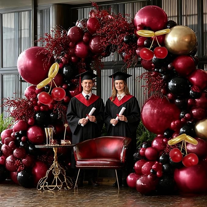 Burgundy Black Balloon Arch Double Stuffed Dark Ruby Red Gold Maroon Black Balloon Garland Kit for Birthday Wedding Bridal Shower Mothers Day Graduation Engagement Cherry Anniversary Party Decor