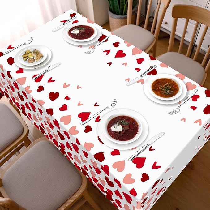 Childom 2 Pcs Valentines Day Tablecloths for Valentines Day Decorations,54" x 108" Disposable Plastic Tablecloths,Rectangle Red Heart Table Cover for Party Decorations Mothers Day Anniversary Birthday