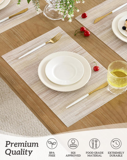 Leetaltree Lightsteel Beige with Yellow Placemats Set of 8 - Heat Resistant Non-Slip Place mats for Dining Table, Washable Durable PVC Vinyl Woven Table Mats (Lightsteel Beige with Yellow, 8)