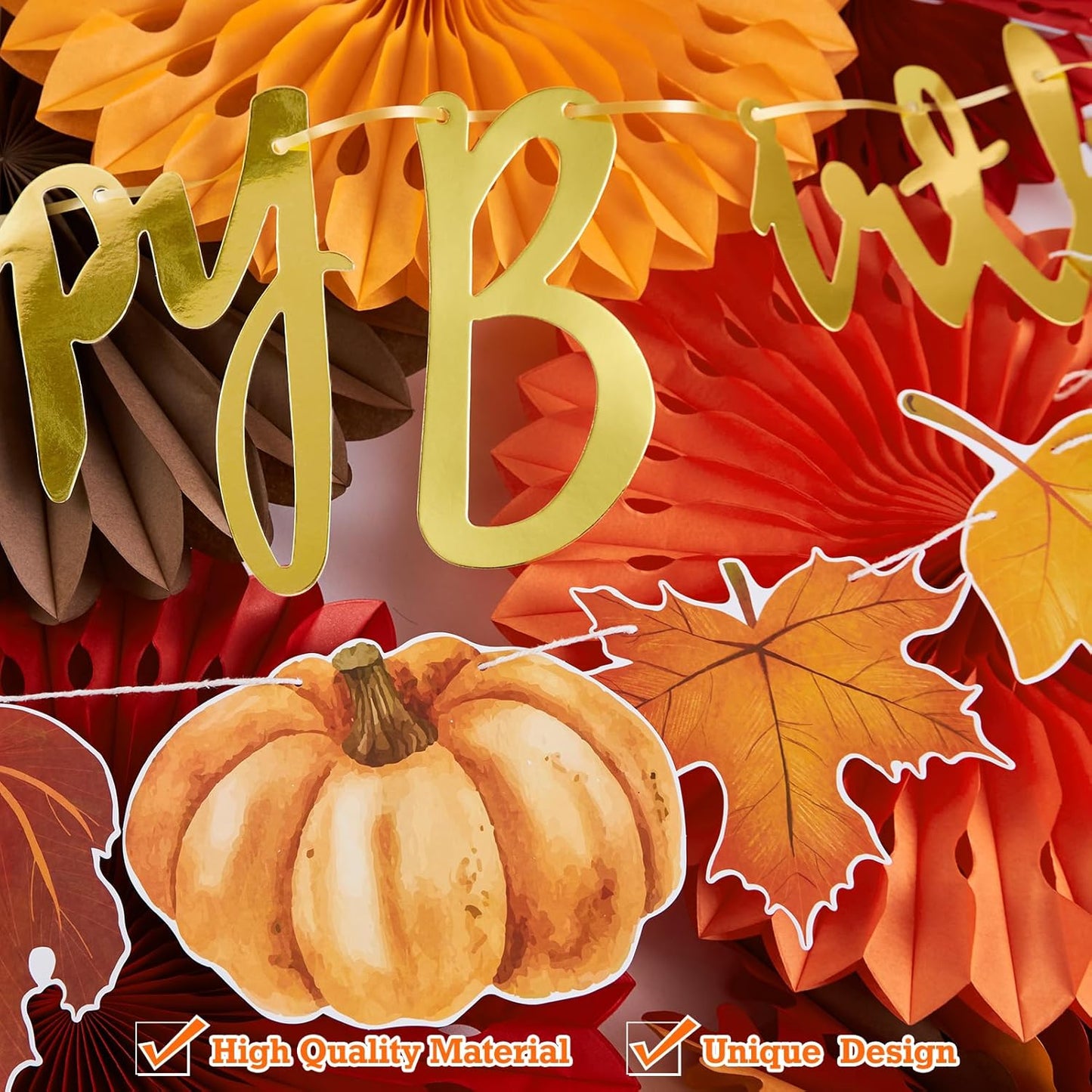 SUNBEAUTY Fall Party Decorations Orange Birthday Decorations Hanging Paper Fan Pumpkins Paper Pom poms Maple Leaves Happy Birthday Banner for Thanksgiving Autumn Harvest Classroom Office Party