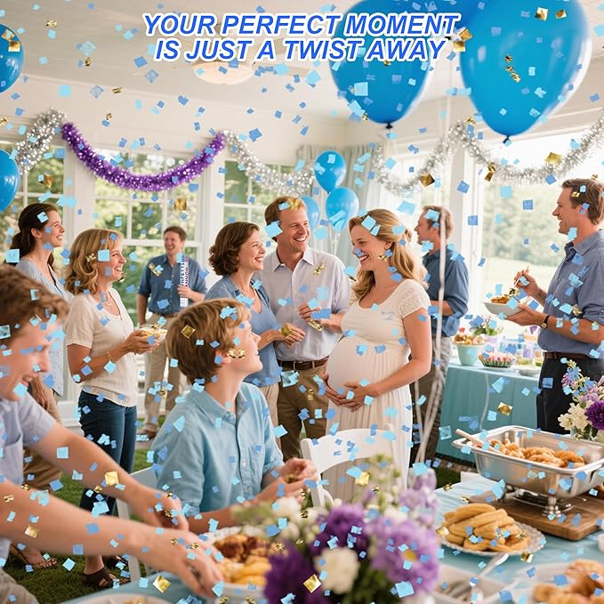 4 Pack Gender Reveal Confetti Cannon, 12 in Blue Square Shaped Paper Party Poppers Cannons, Confetti Poppers For Baby Boy Girl Gender Reveal Baby Showers (Square, Blue)