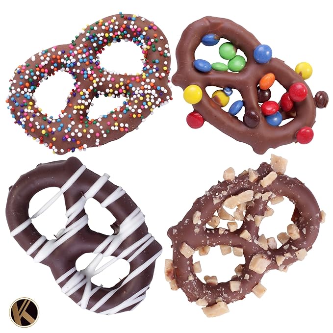 KREMERY Creamy Chocolate Cravings - Halloween Treats For Adults Chocolate Covered Pretzel Twists Gift Basket, in Sectional Gift Box (12 Pretzels, Assorted Sweet Toppings) Holiday Xmas Christmas