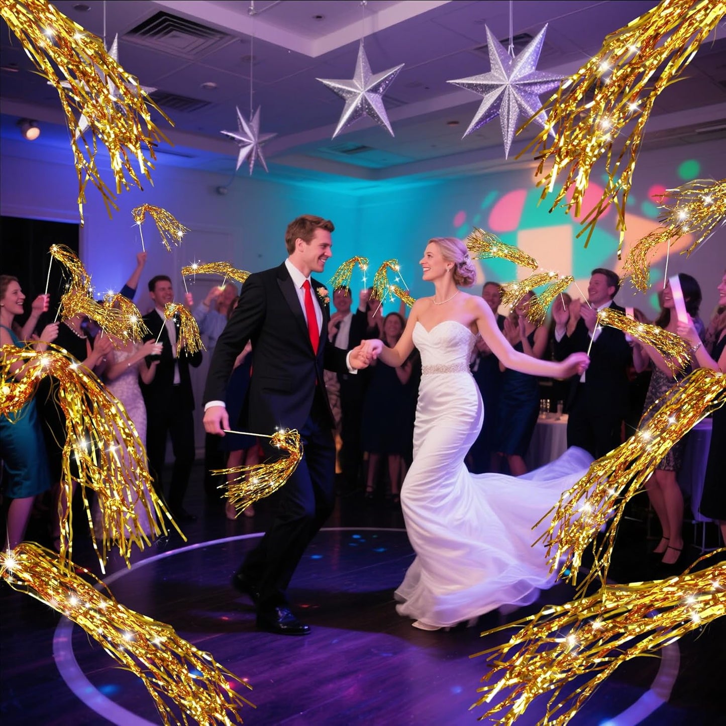 30PCS LED Tinsel Wands,Gold Lighted Wedding Wands Streamers,Light Up Sticks Sparklers for Wedding Send Off and Exits,Birthday Party Favors,Baby Shower,July 4th