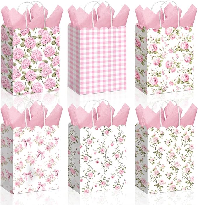 Kolldenn 24 Pcs Hydrangea Floral Party Gift Bags with Handles Paper Candy Treat Goodie Bags Scalloped for Birthday Decoration for Bridal Baby Shower Tea Party Supplies