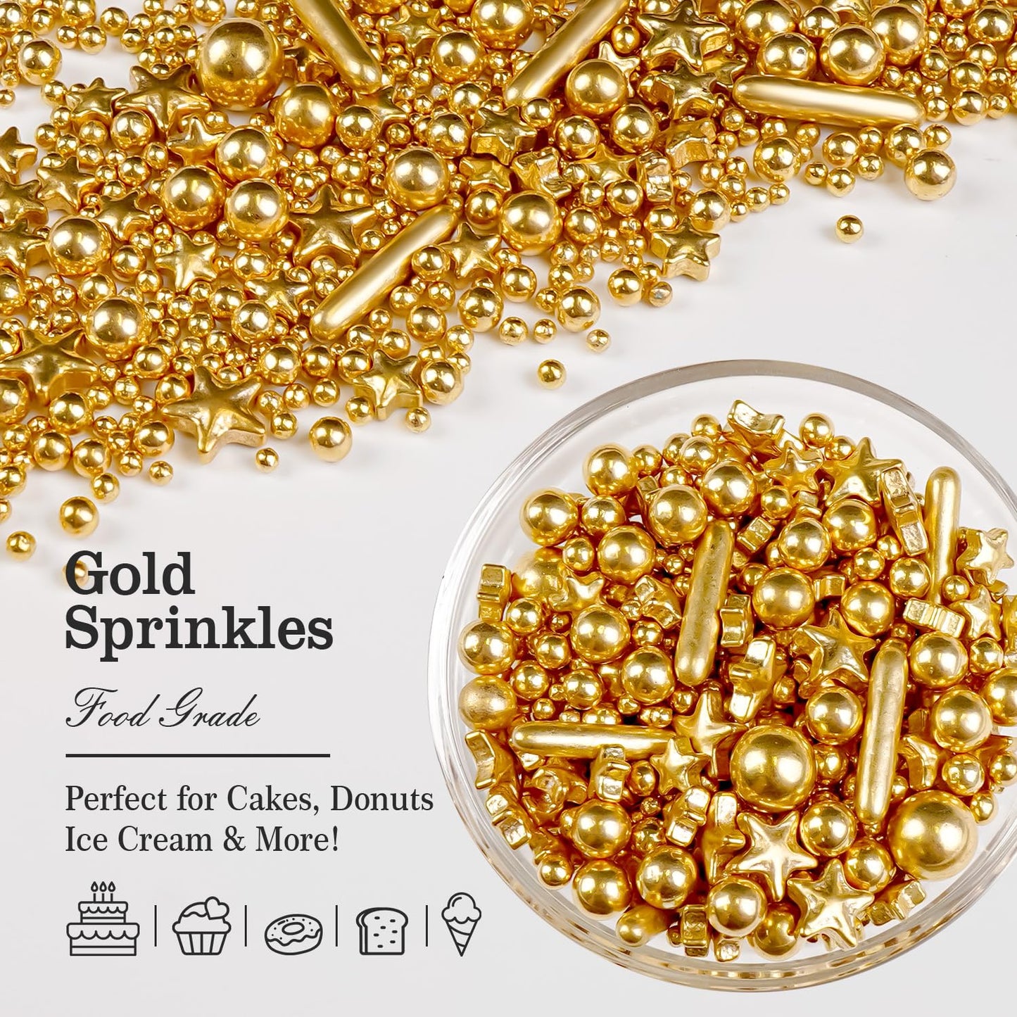 Christmas Gold Pearl Star Rods Sprinkles, Edible Gold Pearls Sprinkles for Cake Decorating, 150g/5.29oz, Cake Decoration, Cake Toppers, Wedding Party, Christmas Baking Supplies
