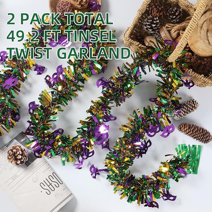 50 Feet Mardi Gras Tinsel Gold Green Purple Christmas Tree Tinsel Garland Metallic Twisted Hanging Garland for Mardi Gras Oktoberfest Birthday Party Decoration, B
