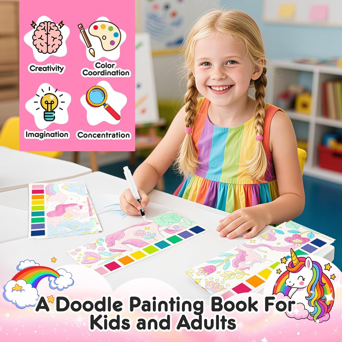 Watercolor Painting Coloring Books Pocket Watercolor Paint Bookmarks, Mess Free Paint with Water Set, Travel Class Activities Art Party Favors Exchange Birthday Gifts for Kids (Unicorn Dream)