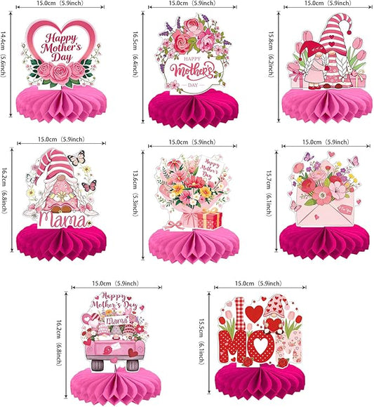 8 PCS Happy Mother's Day Decorations Happy Mother's Day Honeycomb Centerpieces Heart Floral Best Mom Table Centerpiece Love Mom Table Decorations for Mama Women Birthday Party Centerpieces Supplies