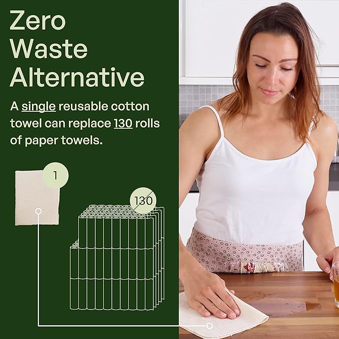10 Pack Kitchen Paper Towels Washable - Super Absorbent Natural Paper Towels - Natural Cotton - Reusable, Paperless Kitchen Dish Cloths - 100% Organic