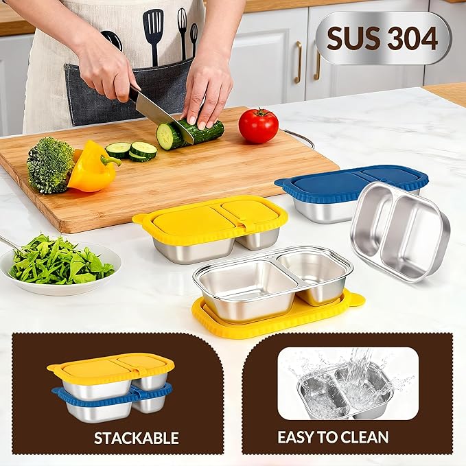 HI-REEKE 13 OZ Stainless Steel Snack Containers with Lids, 2 PCS Reusable Double Compartments Metal Snack Packs for Sauce