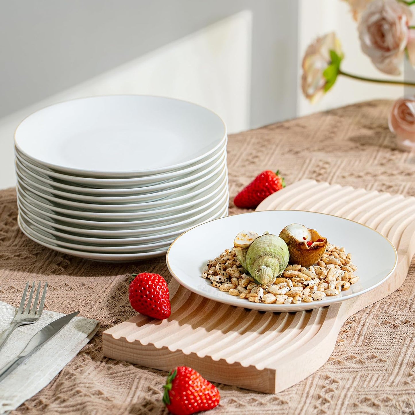 BTaT- White Dessert Plates with Gold Rim, Set of 6, 8" Round, Porcelain, Elegant Style, Dinner Plates, Christmas Gifts