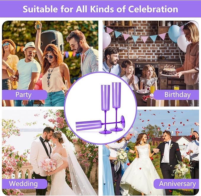 YOUBET 24 Pack Purple Plastic Champagne Flutes -6 Oz Clear Purple Champagne Glasses - Square Plastic Toasting Glasses for Birthday Anniversary Wedding & Party
