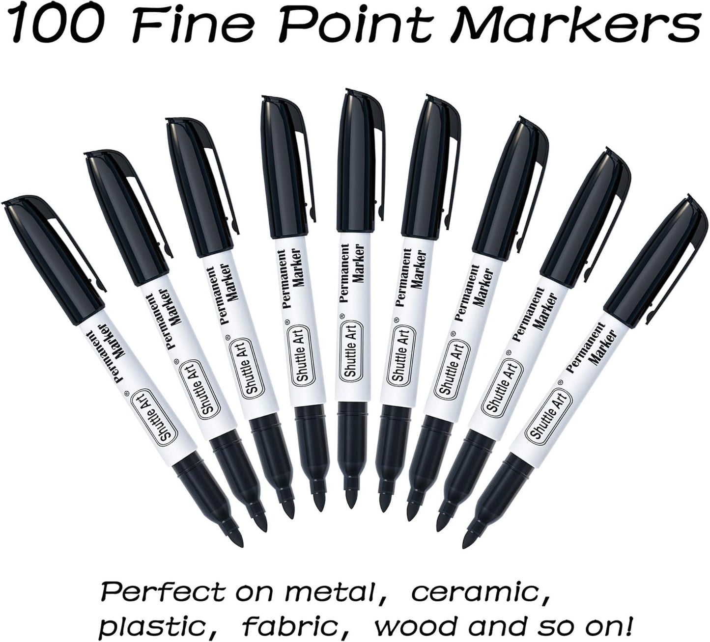 Shuttle Art 100 Pack Black Permanent Markers, Fine Point Permanent Marker Pens Set Perfect on Plastic, Wood, Stone, Metal and Glass for Doodling, Writing, Marking, Office School Supplies