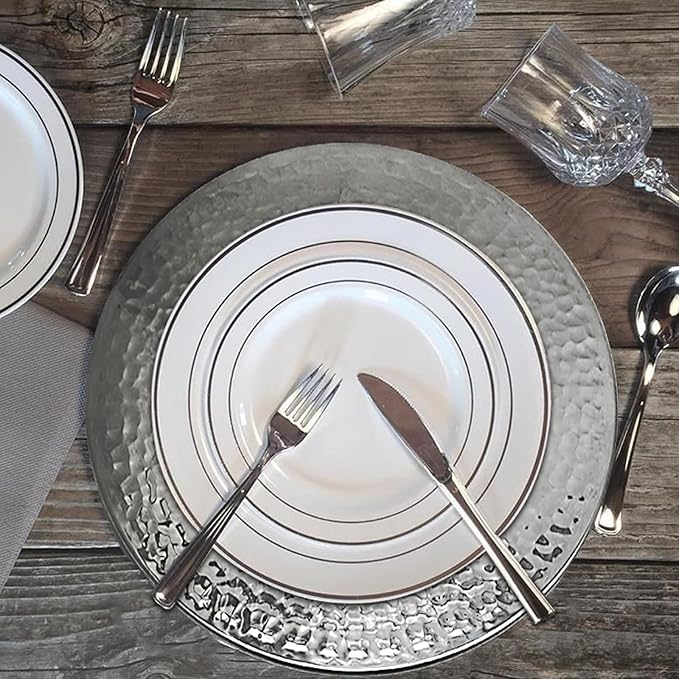13-Inch Stainless Steel Hammered Charger Plates, Silver Dinner Plate Chargers Set of 6, Round Server Ware