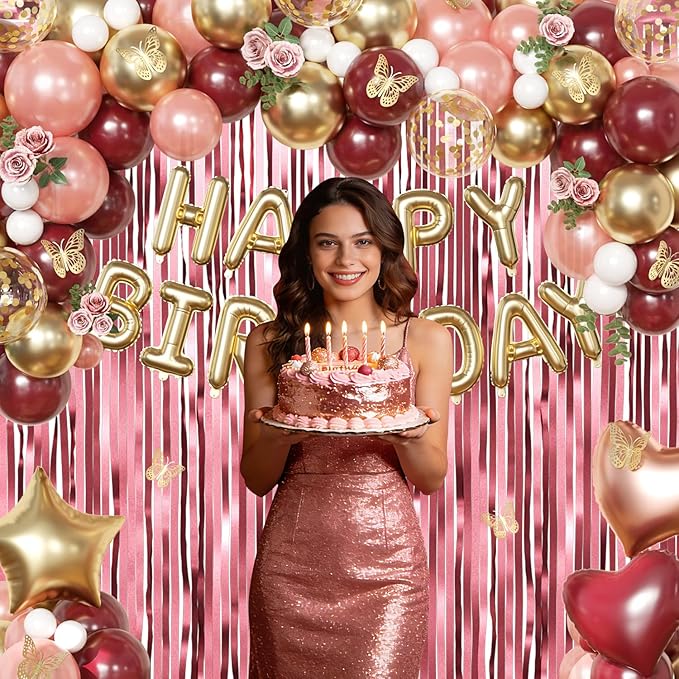 Burgundy Birthday Decorations for Women, Maroon Metallic Rose Gold White Gold Foil Confetti Balloons Happy birthday Banner Gold Butterfly Fringe Curtains Birthday Decorations for Women Girls