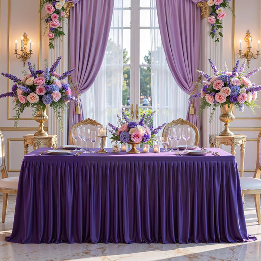 Dark Purple Table Clothes for Rectangle Tables 6ft, Wrinkle Resistant Fitted Table Cloth with Pleated Ruffle Skirts for Banquet Wedding Baby Shower Folding Tables