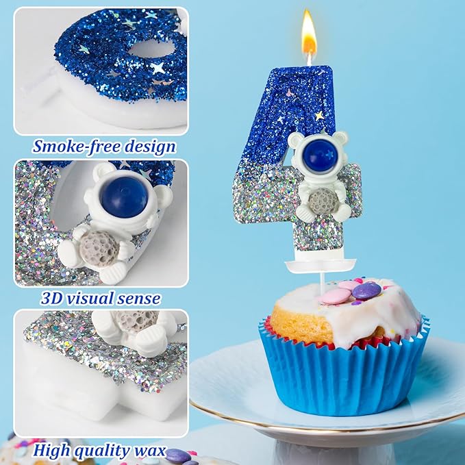 HXOUSE Astronaut 4th Birthday Candle - Space Universe Sparkler 4 Candle for Birthday Cake Boy, Topper for Party Decorations Anniversary Celebrations (Number 4)