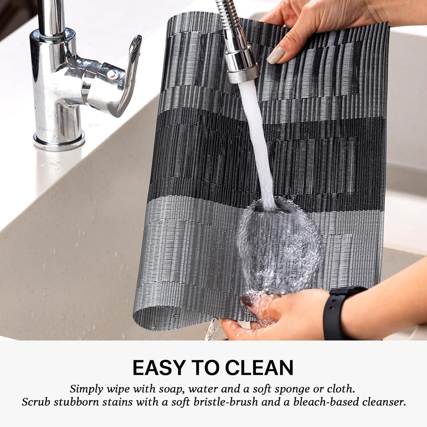 LEXMORE Placemats Vinyl/Plastic Woven Place Mats for Kitchen Table Indoor/Outdoor Washable Placemat Wipeable Dining Table Mats Set of 12 (Silver Gray Black)