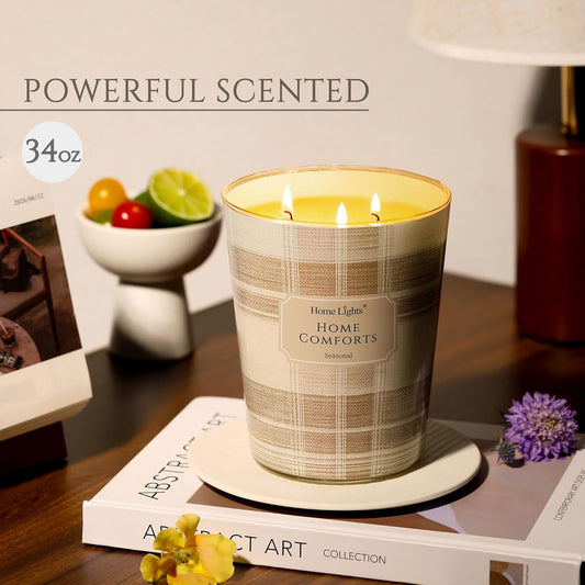 HomeLights Home Comforts Scented Candles | 34oz Soy Candles Rustic Modern 3-Wick Large Candle Jars | Ideal Candle Gifts for Events, Home Decor Stress, Relief & Relaxation