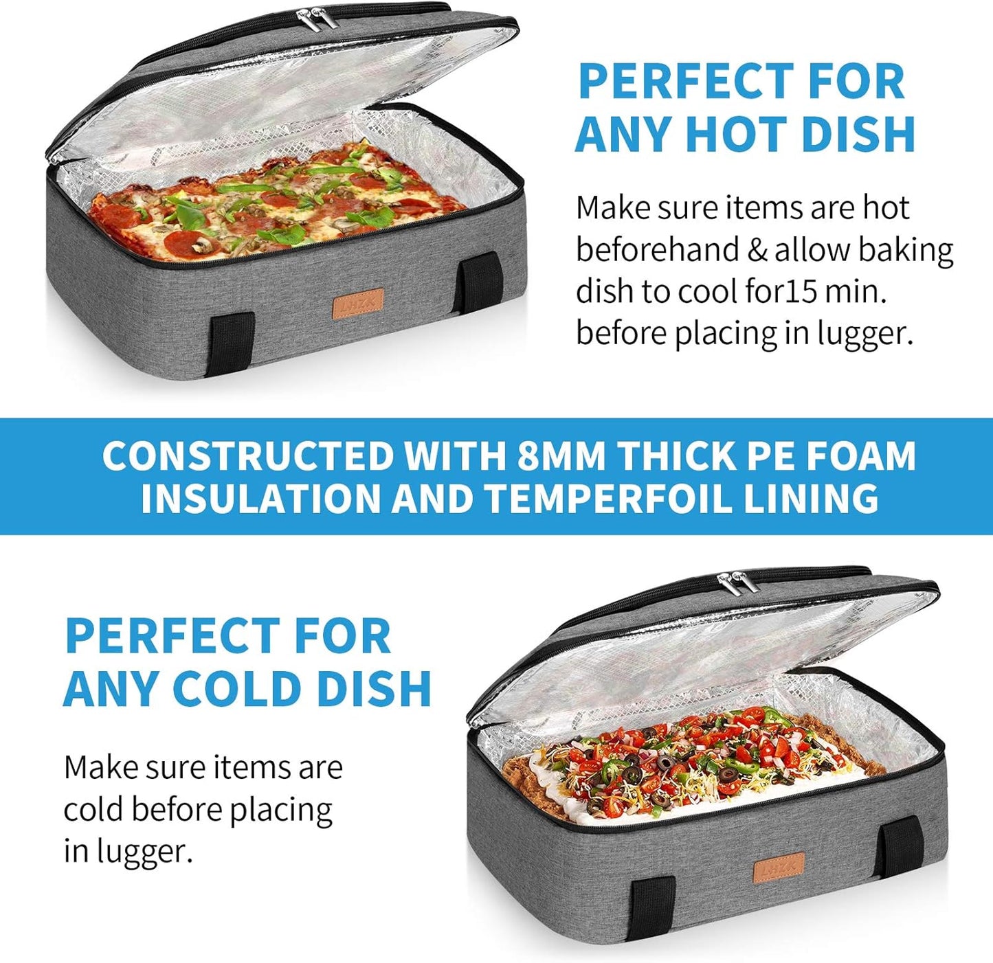 LHZK Double Decker Insulated Casserole Carrier for Hot or Cold Food, Expandable Hot Food Carrier, Lasagna Holder Tote for Potluck Parties, Picnic, Beach, Fits 11 x 15 or 9 x 13 Baking Dish (Grey)