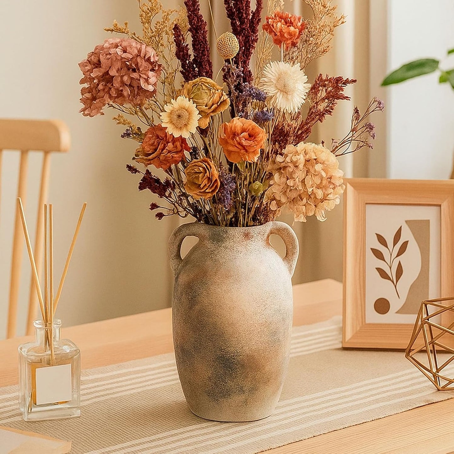 Rustic Ceramic Flower Vase with 2 Handles, Small Decorative Terracotta Boho Vase for Living Room, Table Centerpiece, Shelf Decor, Farmhouse, Entryway - 9.8 Inch Tall, Vintage Gray
