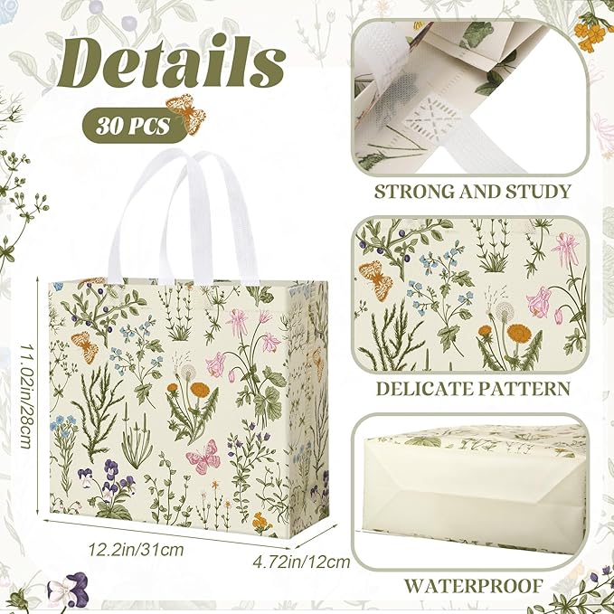 Abbylike 30 Pcs Wildflower Gift Bag Large Floral Shopping Bag Vintage Non Woven Tote for Party, 12.2 x 11.02 x 4.72 Inches