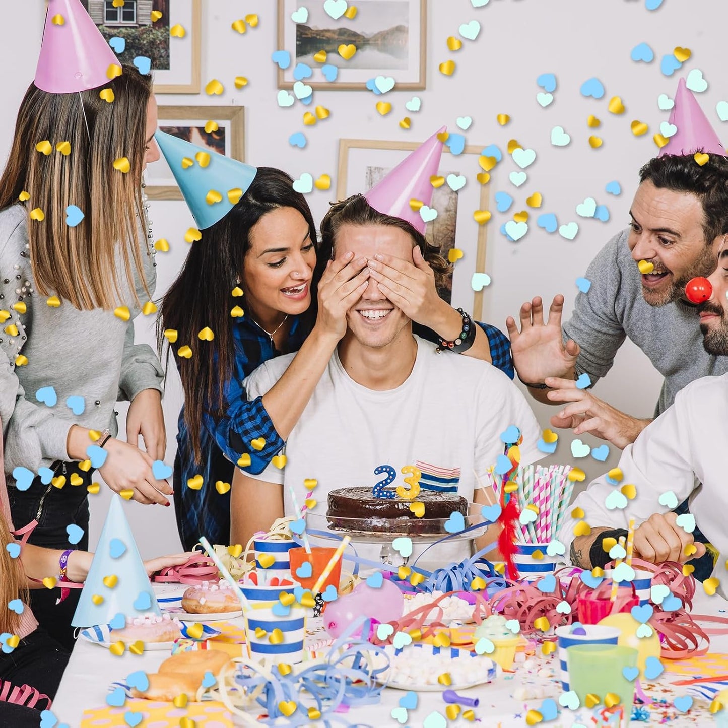 12" Confetti Cannons with Blue & Gold Heart Filling - Party Poppers for Gender Reveal Baby Shower Bridal Shower Valentine Wedding Anniversary - Easy to Use - Pack of 4