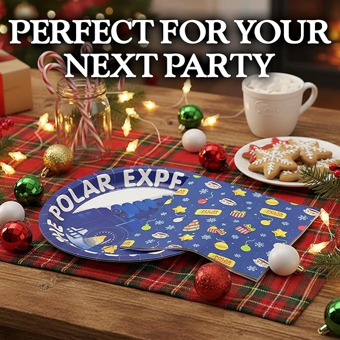 Silver Buffalo The Polar Express All Aboard Christmas Holiday Train 32 Pack Partyware Disposable Paper Plates and Napkins