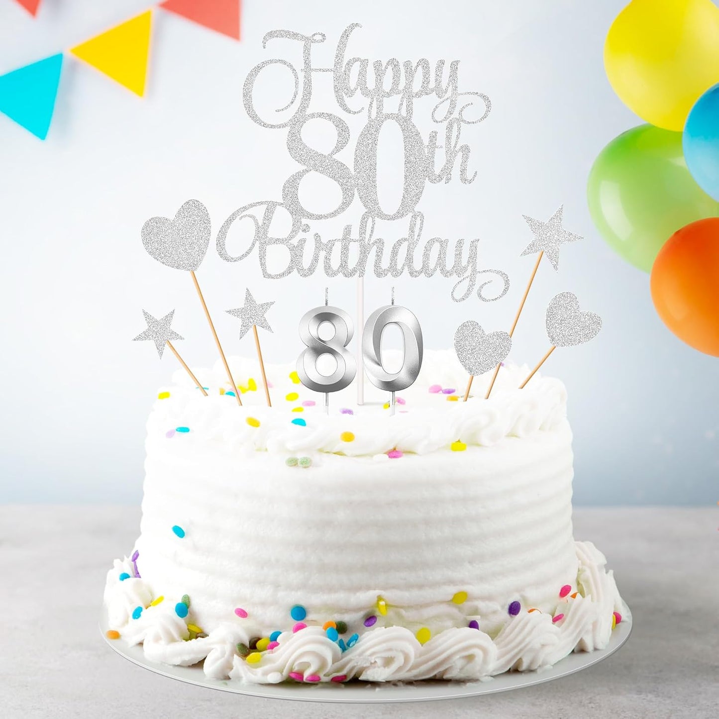 80th Birthday Cake Decorations, 80th Birthday Candles Cake Numeral Candles and Glitter Happy 80th Birthday Cake Toppers Set for Birthday Party Supplies (Silver)